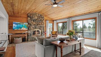 Smart TV, fireplace, books, stereo