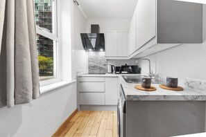 Kühlschrank, Mikrowelle, Herdplatte, Wasserkocher