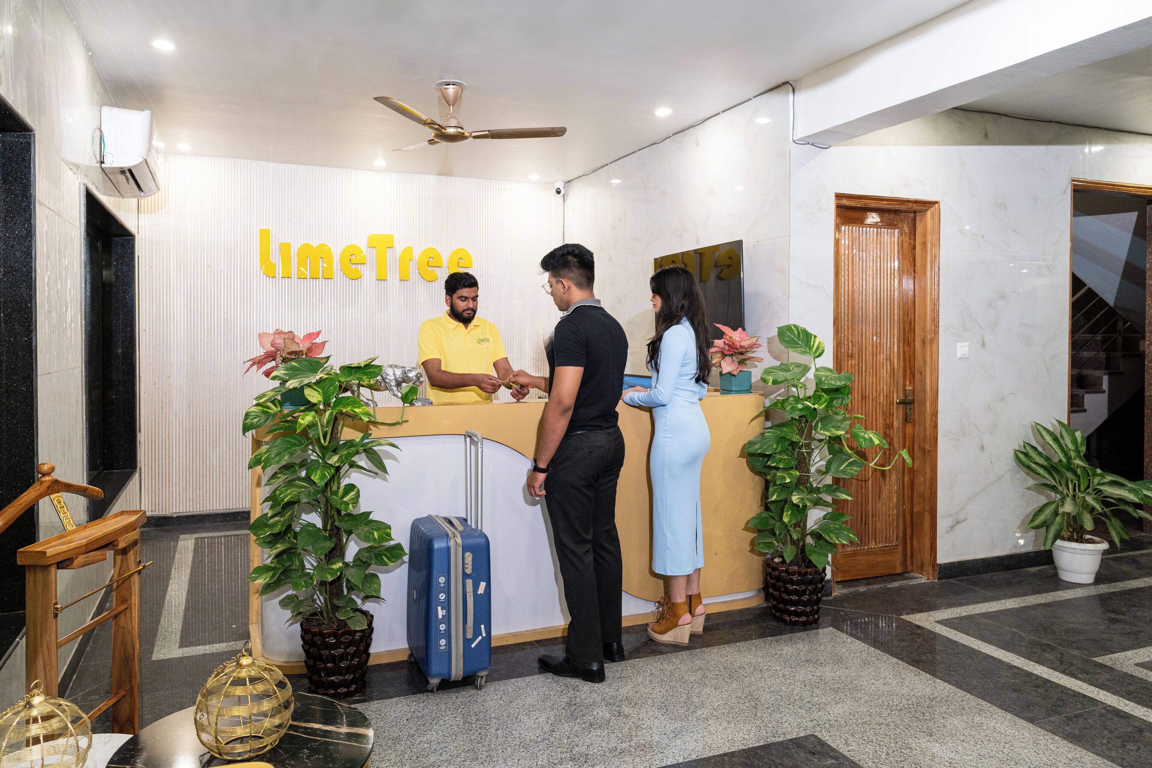 A reception desk with a sign reading "LimeTree," a man in a yellow shirt, a woman in a blue dress, and a man in black. There are potted plants and a blue suitcase.