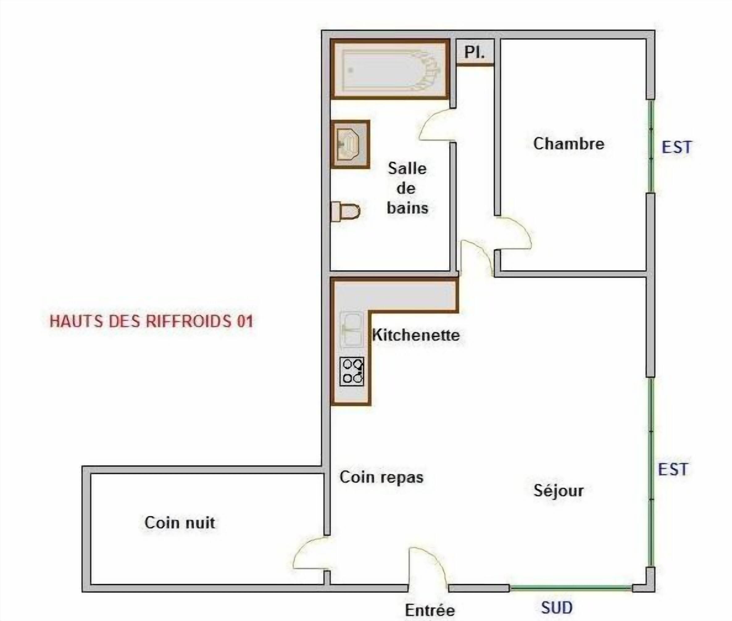 Pianta della camera d'albergo indicata come 'HAUTS DES RIFFRODS 01', con bagno, angolo cottura e locale per gettoni.