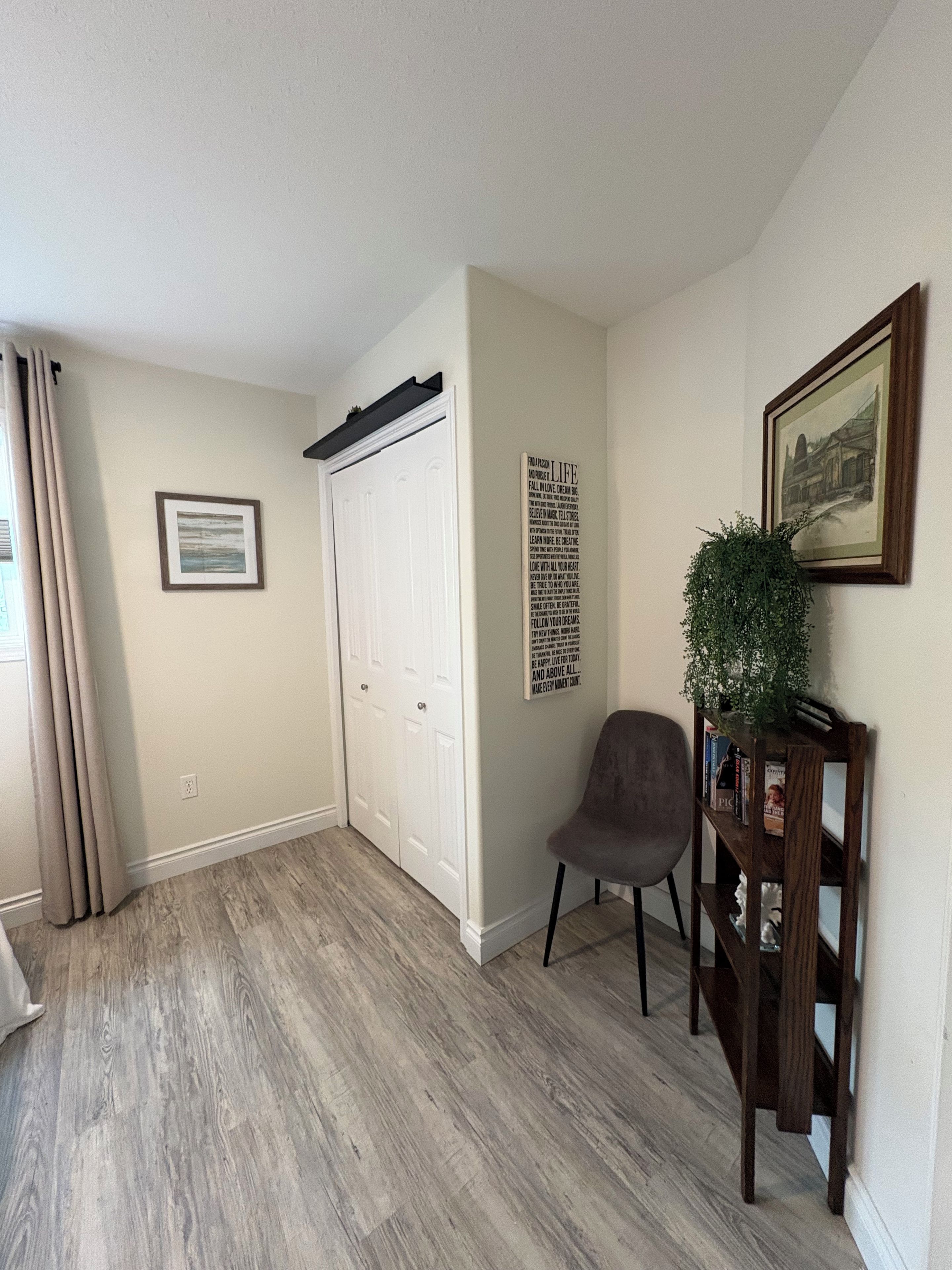 A hallway with a white door, a framed picture on the wall, a potted plant, and a chair.