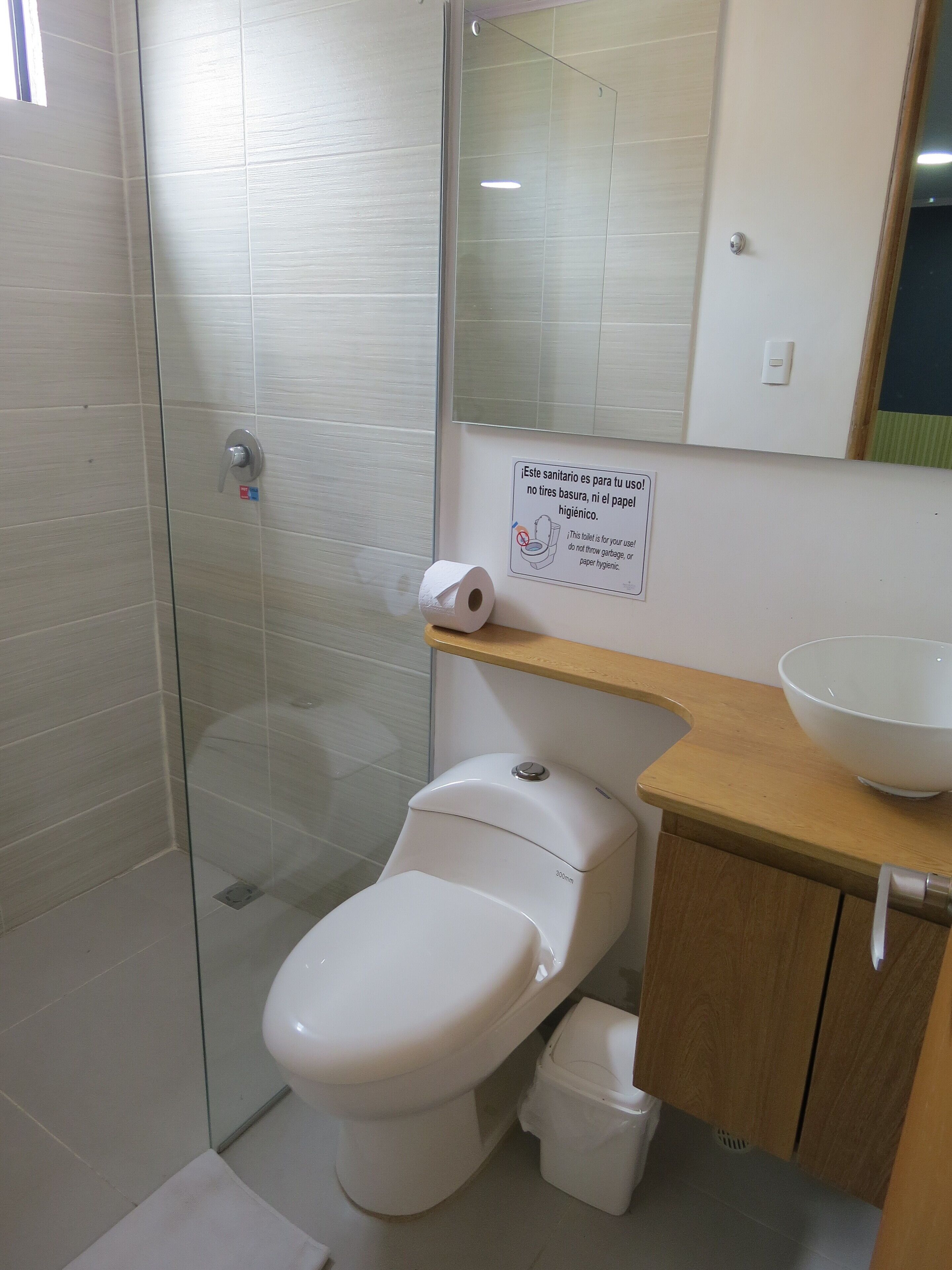 Une salle de bain moderne avec une douche à parois de verre, des toilettes, un lavabo avec un receveur et un miroir au-dessus du lavabo.