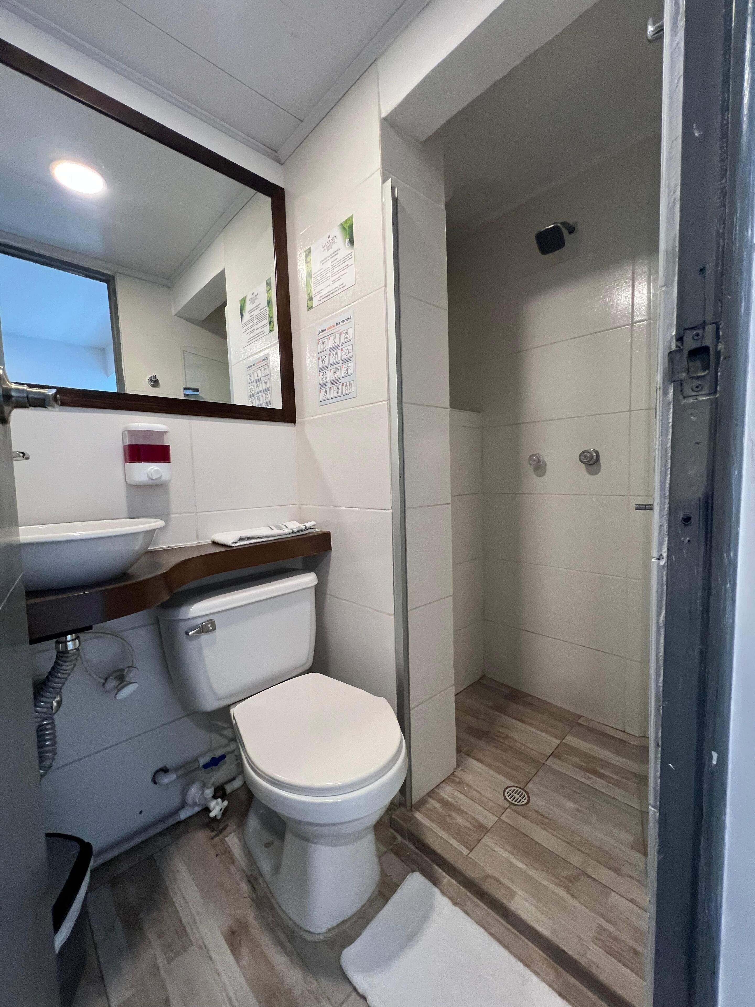 A bathroom with a toilet, sink, mirror, and shower stall.