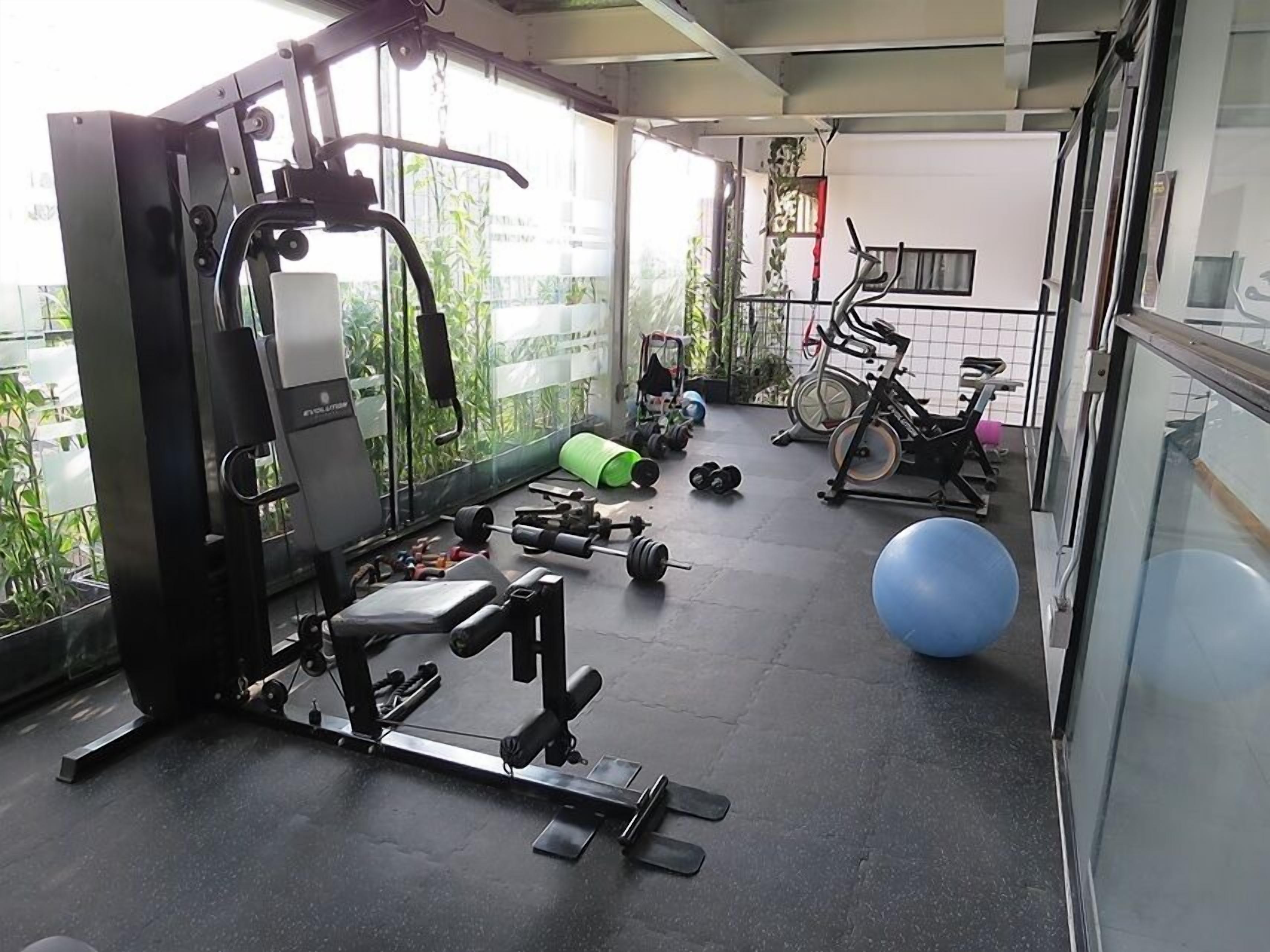 A gym with exercise equipment, a blue exercise ball, and a window with a view of greenery.