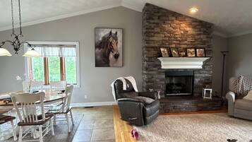 Smart TV, fireplace, DVD player, books