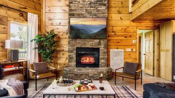 Smart-TV, Kamin, Videospiele, Bücher