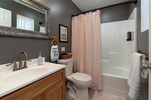 Hair dryer, towels, soap, shampoo