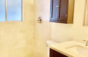 Hair dryer, towels, soap, shampoo