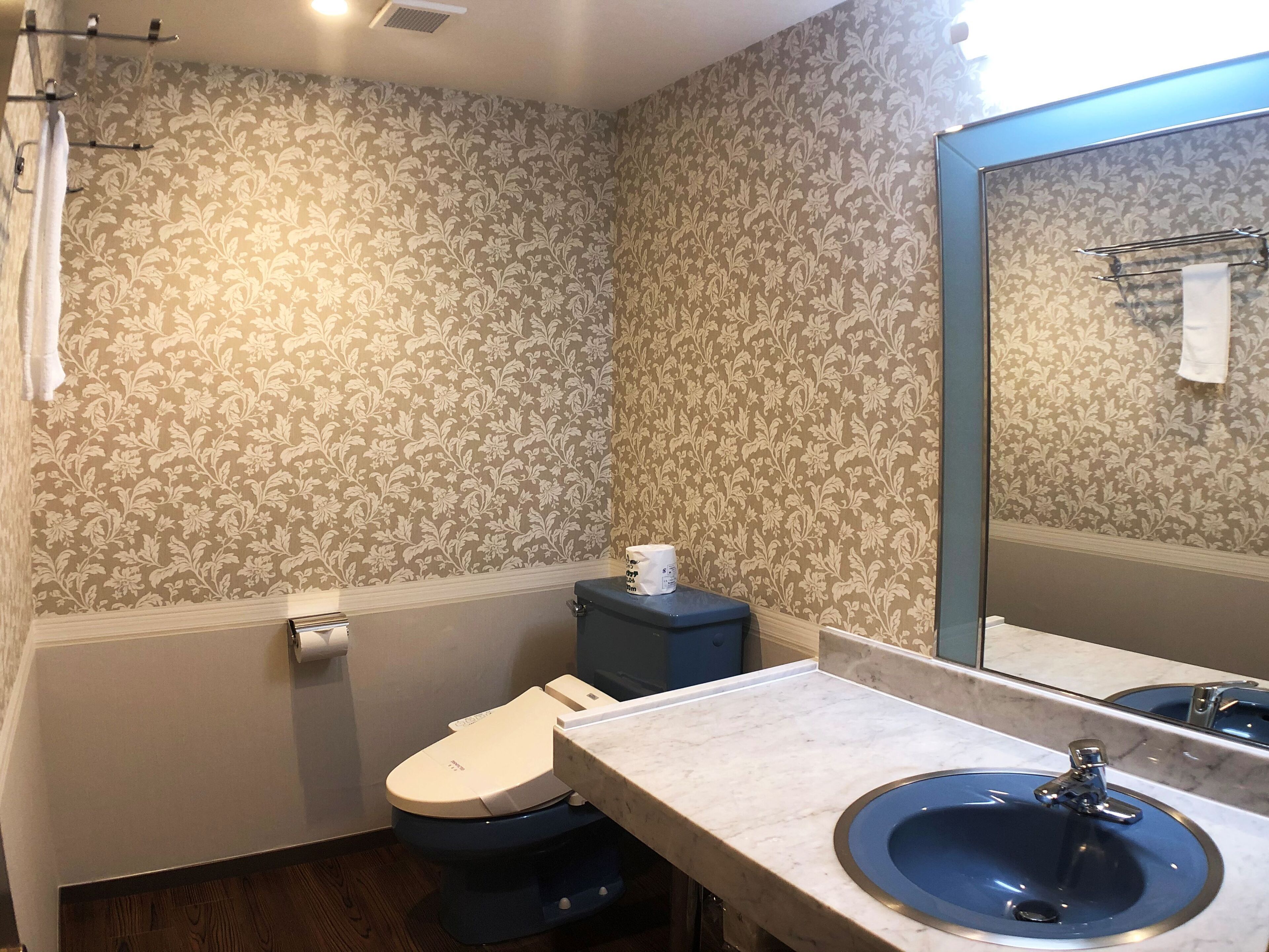A bathroom with a toilet, sink, and mirror.