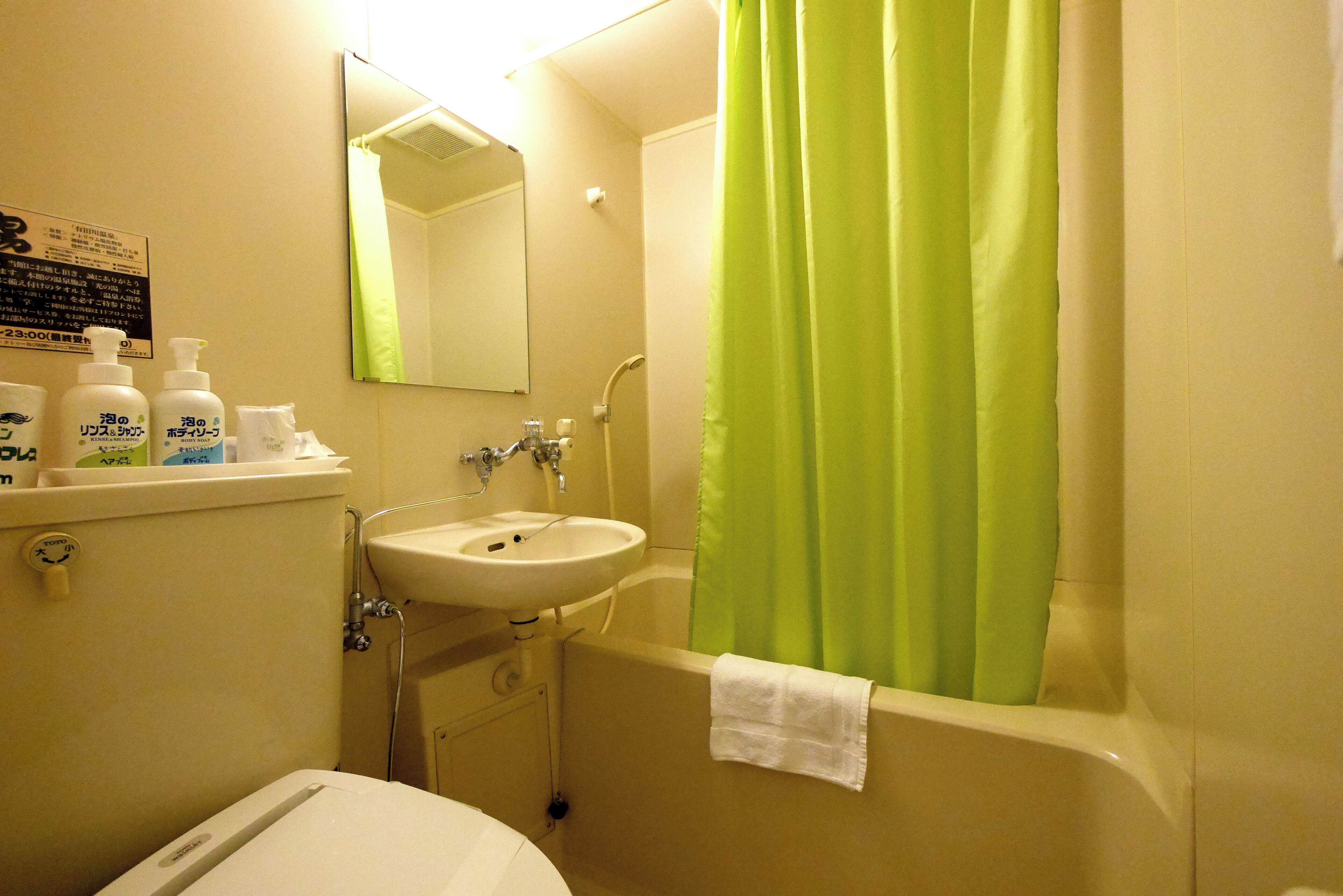 A bathroom with a sink, mirror, and green shower curtain.