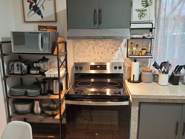 Fridge, microwave, oven, stovetop