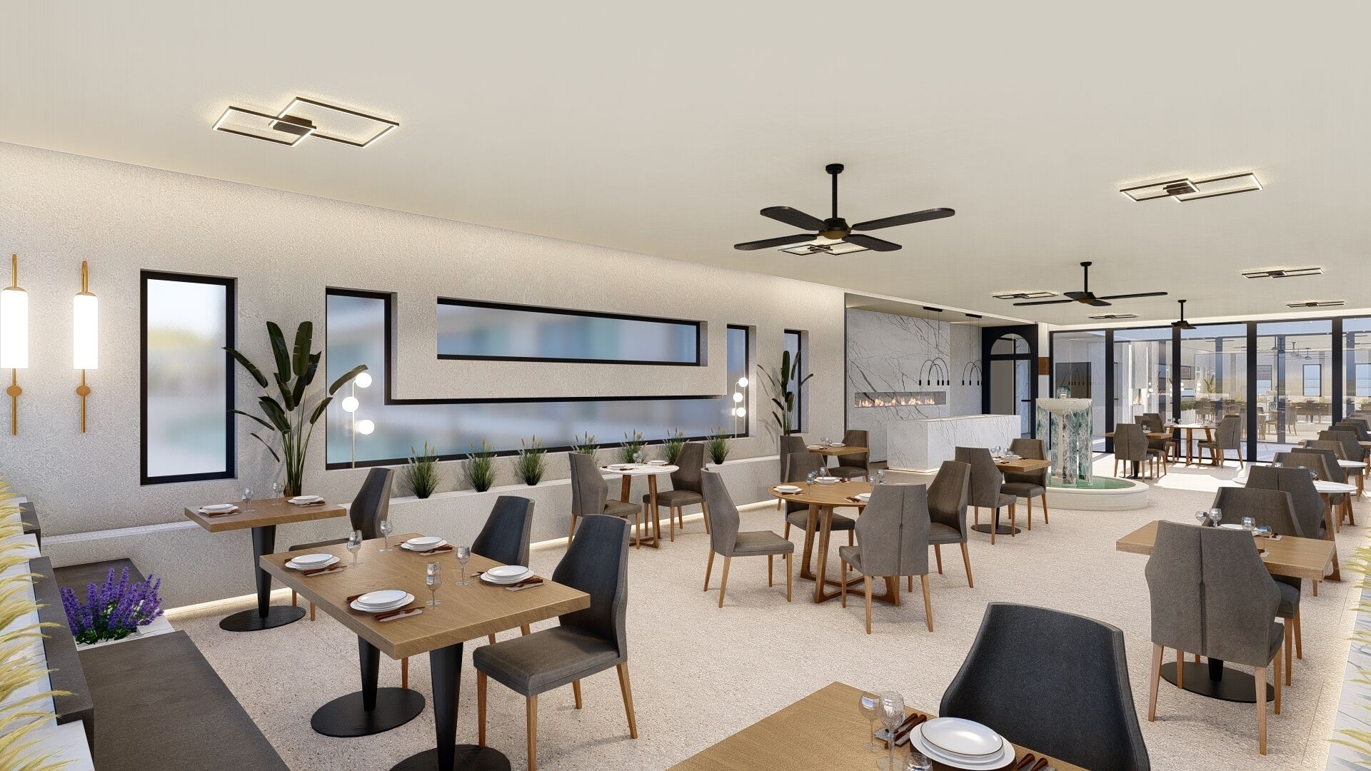 A modern dining area with multiple tables and chairs, ceiling fans, and a large window providing natural light.