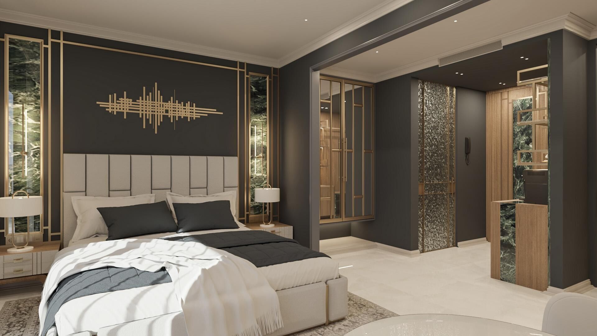 Un dormitorio moderno con una cama grande, un adorno en la pared y vistas al baño.