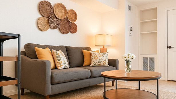 A living room with a sofa, a round wooden coffee table, a lamp, and a decorative wall piece.