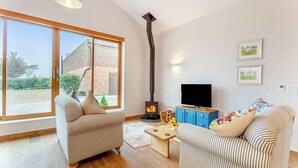 Una sala de estar acogedora con chimenea, ventanas amplias y un televisor.