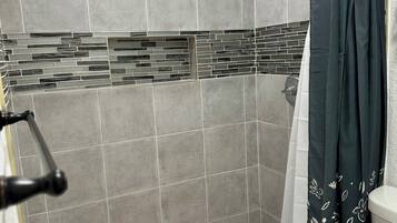 Hair dryer, towels, soap, shampoo