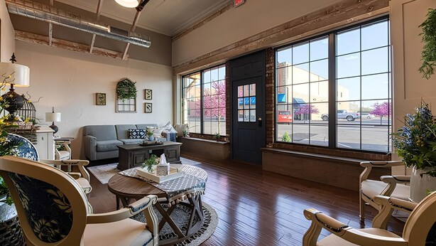 A spacious living room with a large window, wooden flooring, and a mix of modern and classic furniture. - Bluebird Place Jessie Room: Historic Rt 66 (Elk City)