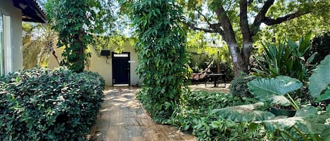 A wooden pathway leading to a building with a black door, surrounded by lush greenery and trees.