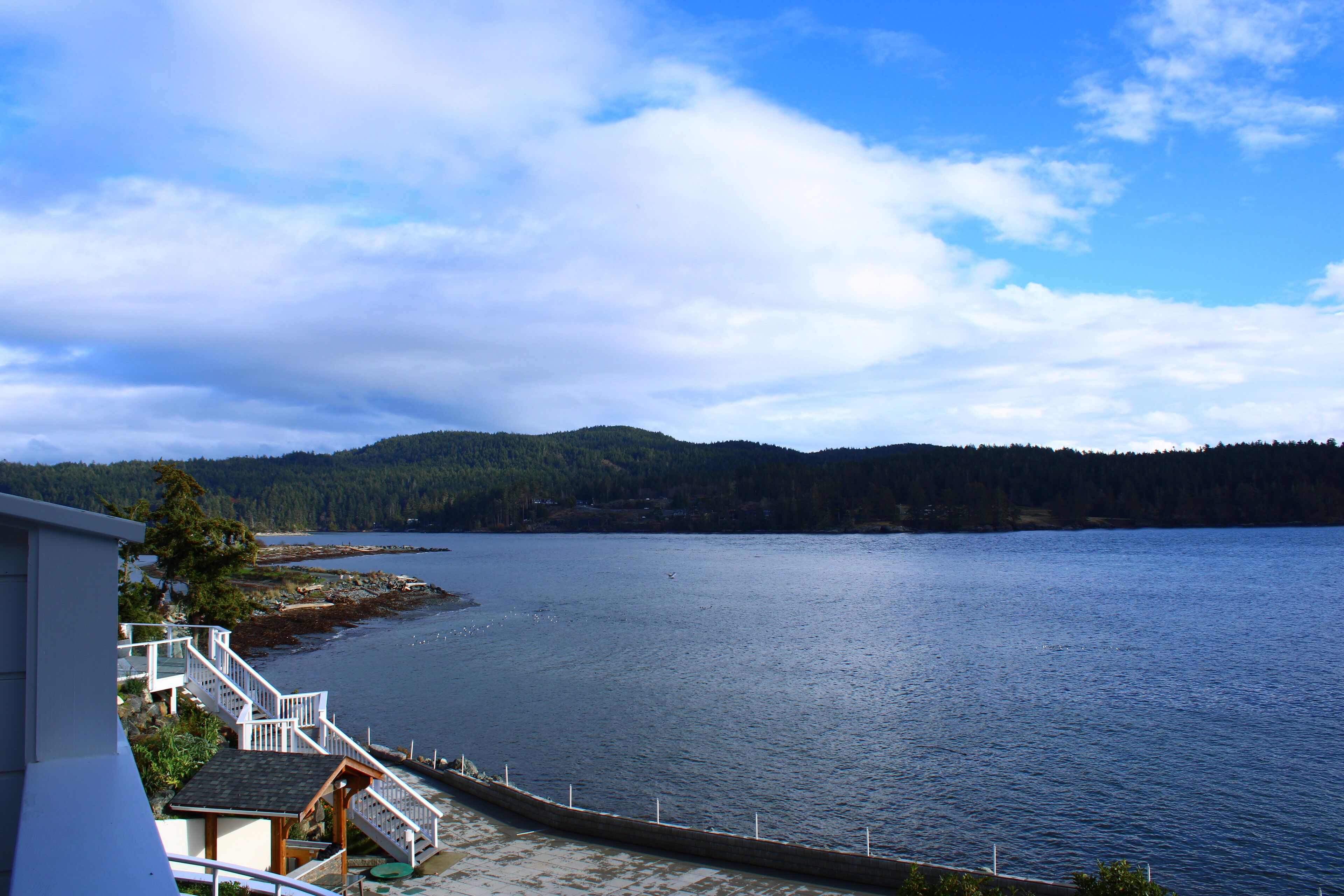 A waterfront property with a staircase leading to a deck, overlooking a calm lake and forested hills.