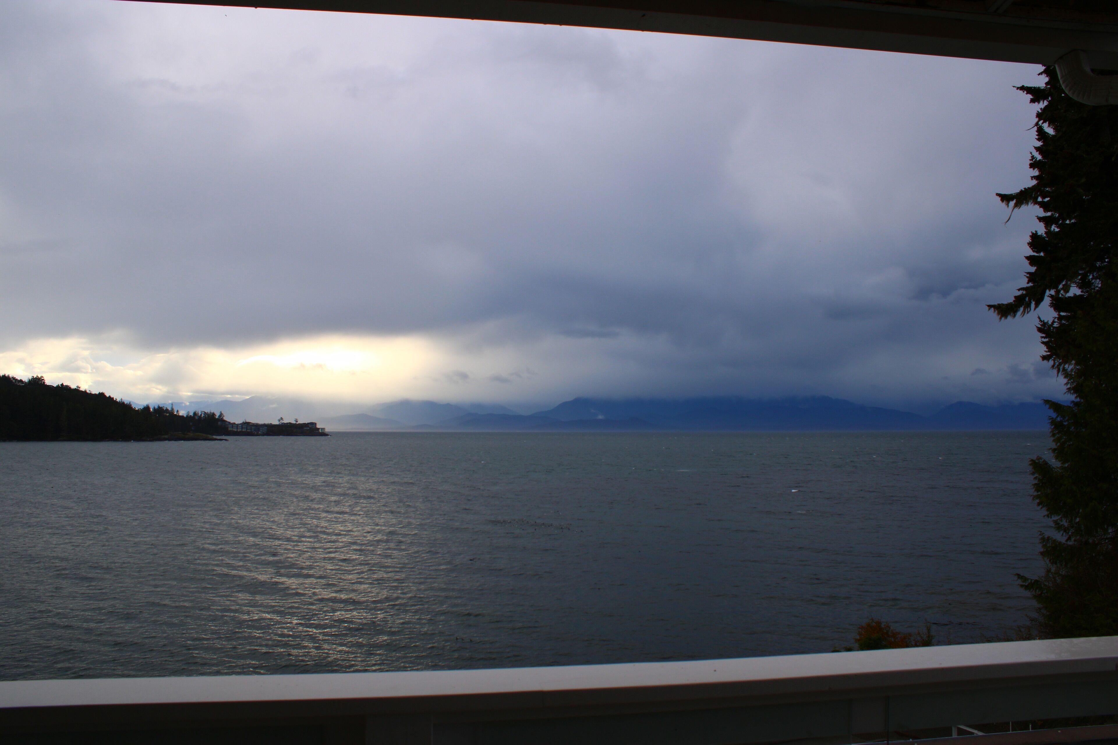 A view of a calm body of water with a distant shoreline and overcast sky.