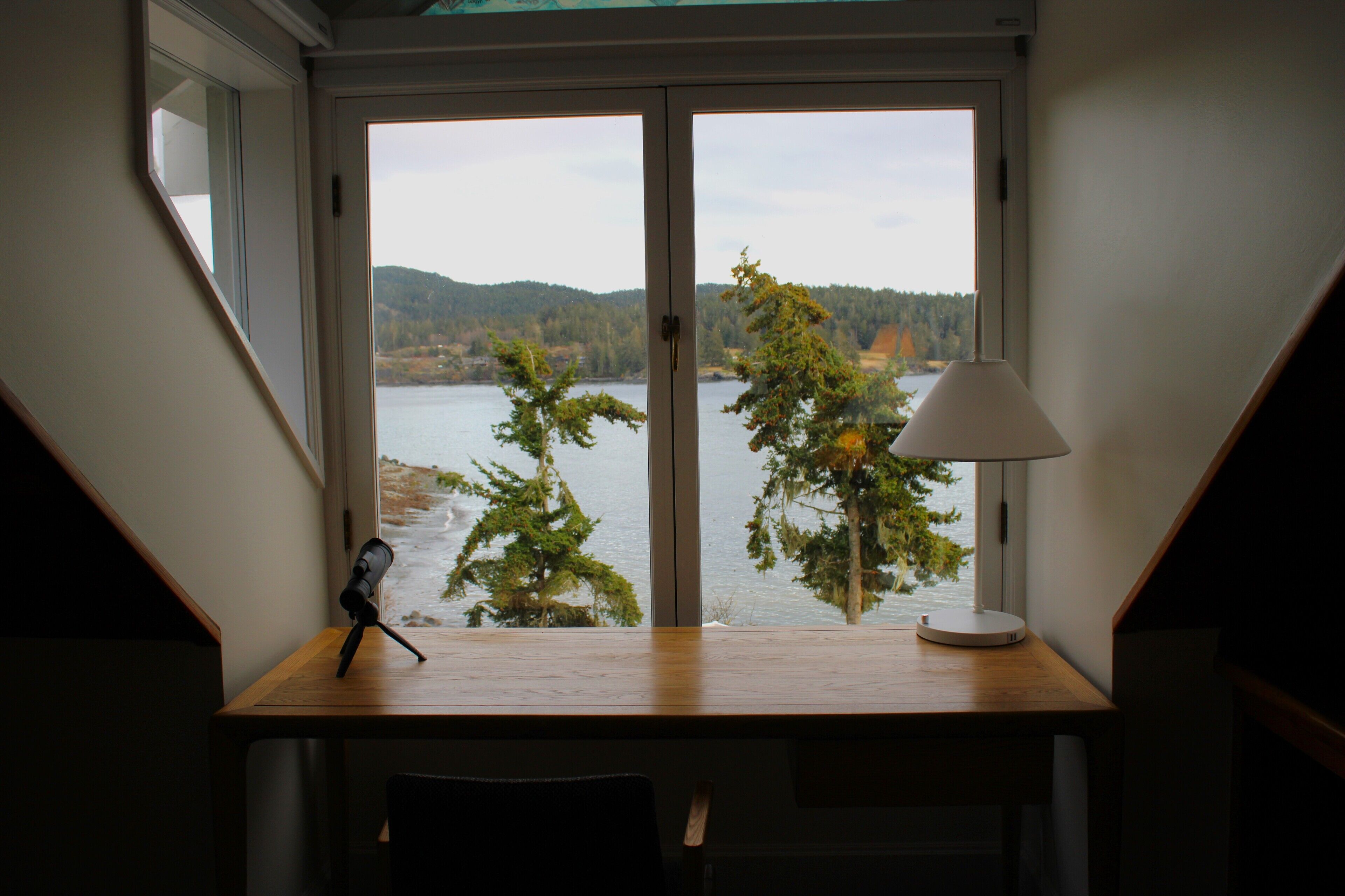 A room with a desk, a lamp, and a view of a lake with trees.