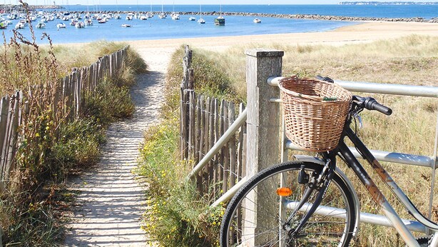 A bicycle with a basket on a wooden pathway leading to a beach.