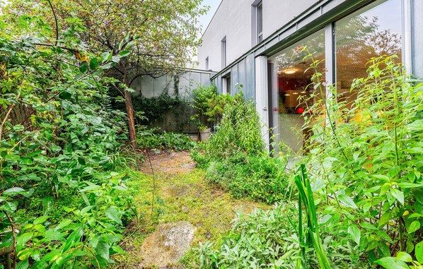 A lush garden with a variety of plants and trees, a small pond, and a building with large windows.