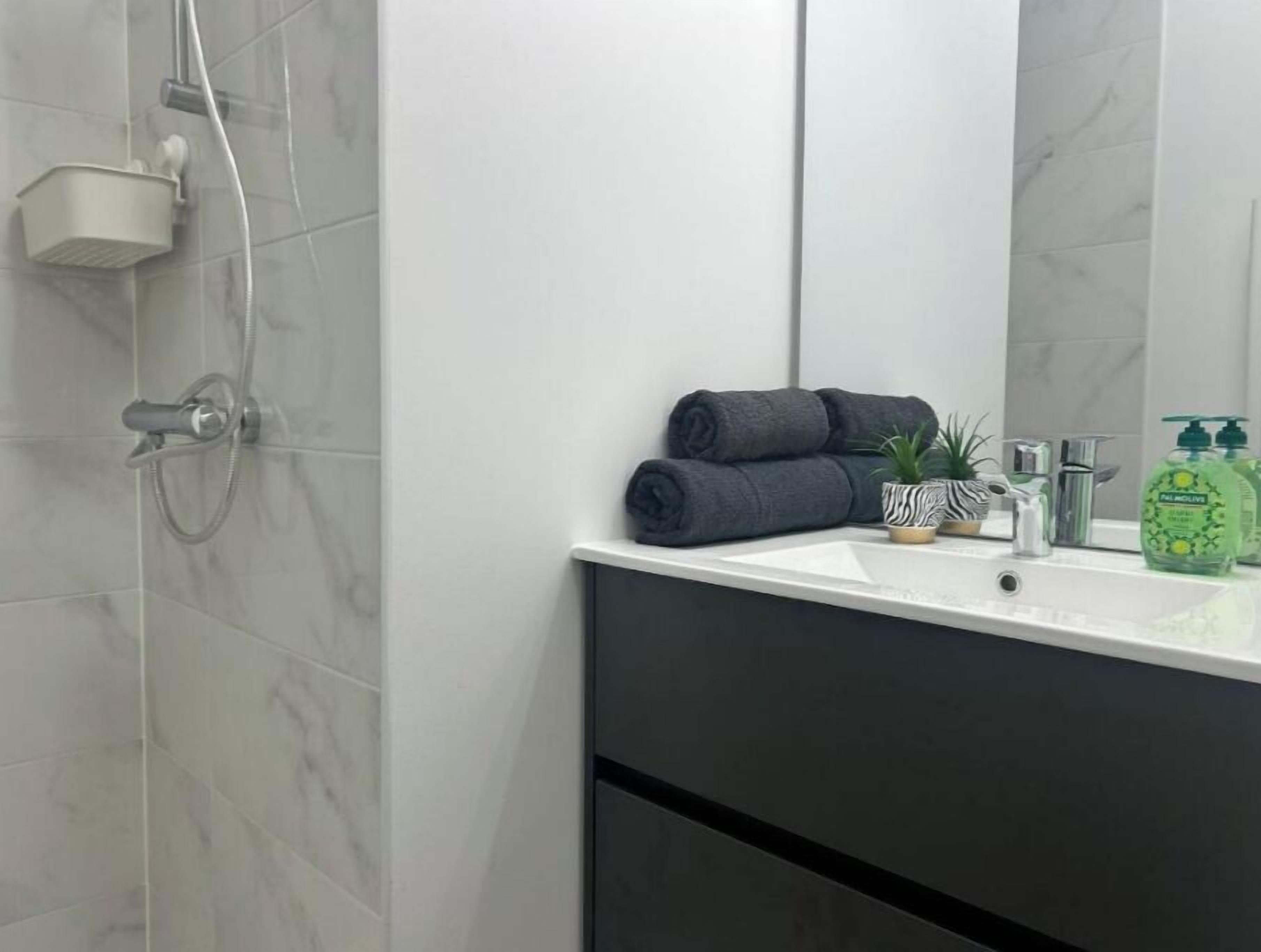 Hair dryer, towels, soap, toilet paper