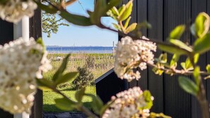 A view through a window with white flowers in the foreground, a grassy field, and a body of water in the background. - 2 bedroom cozy home in Askø (Askø)