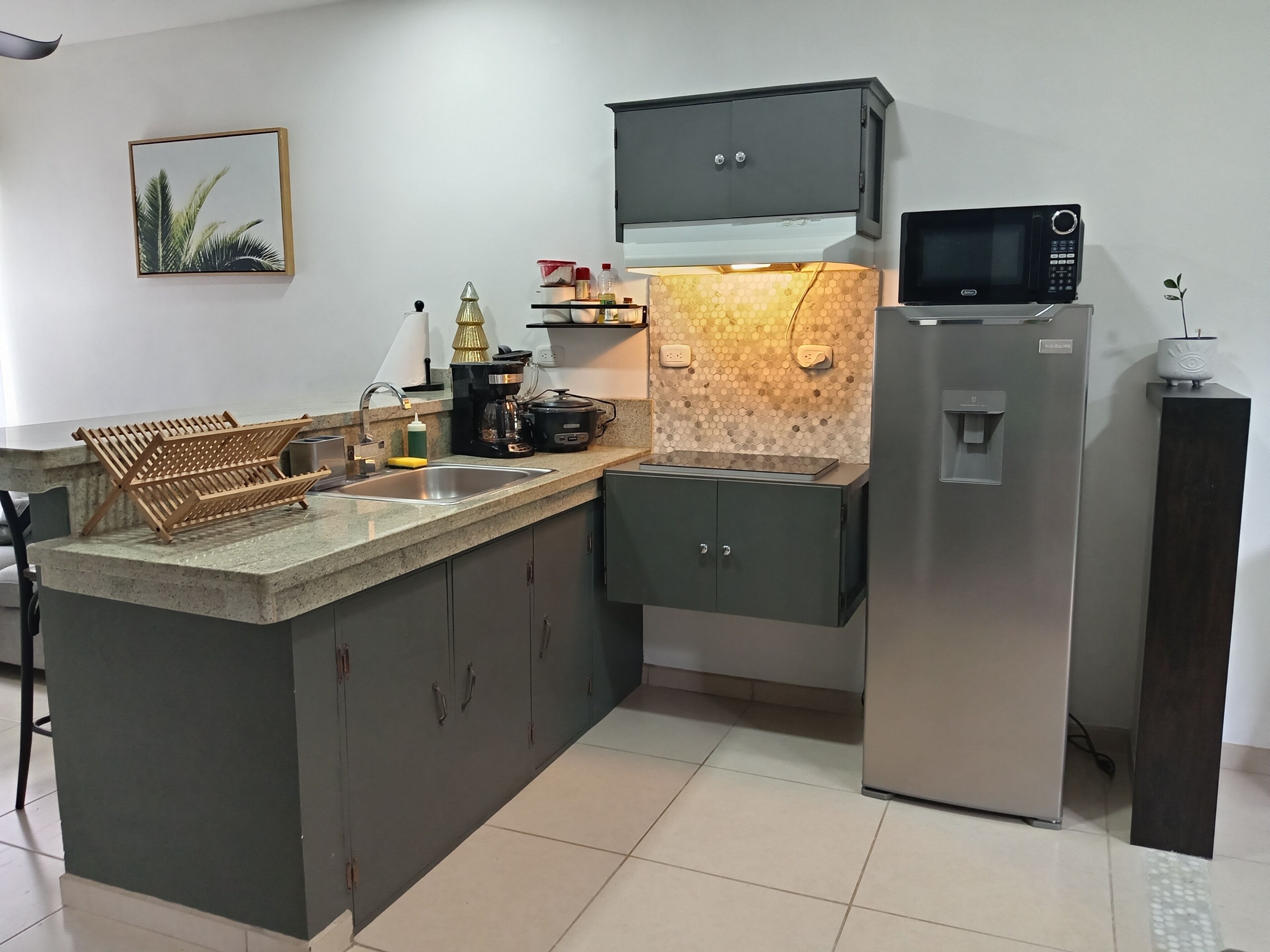 Fridge, microwave, stovetop, coffee/tea maker