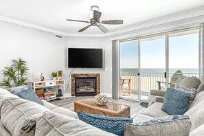 Smart TV, fireplace, books