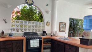 A kitchen with a stove, sink, and a window overlooking greenery. - Casa Pelicanos is a private beachfront home with pool. Short walk to town.
 (Troncones)