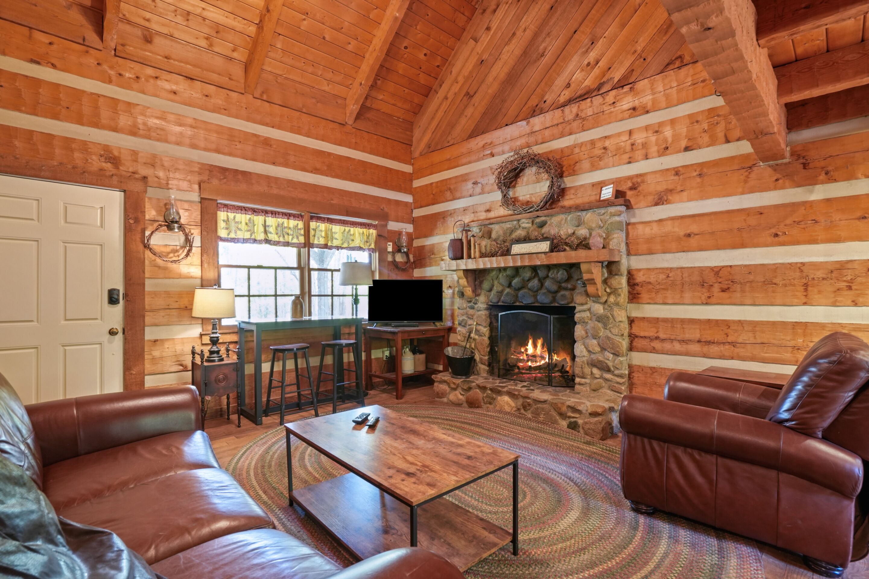 Smart TV, fireplace, DVD player, books