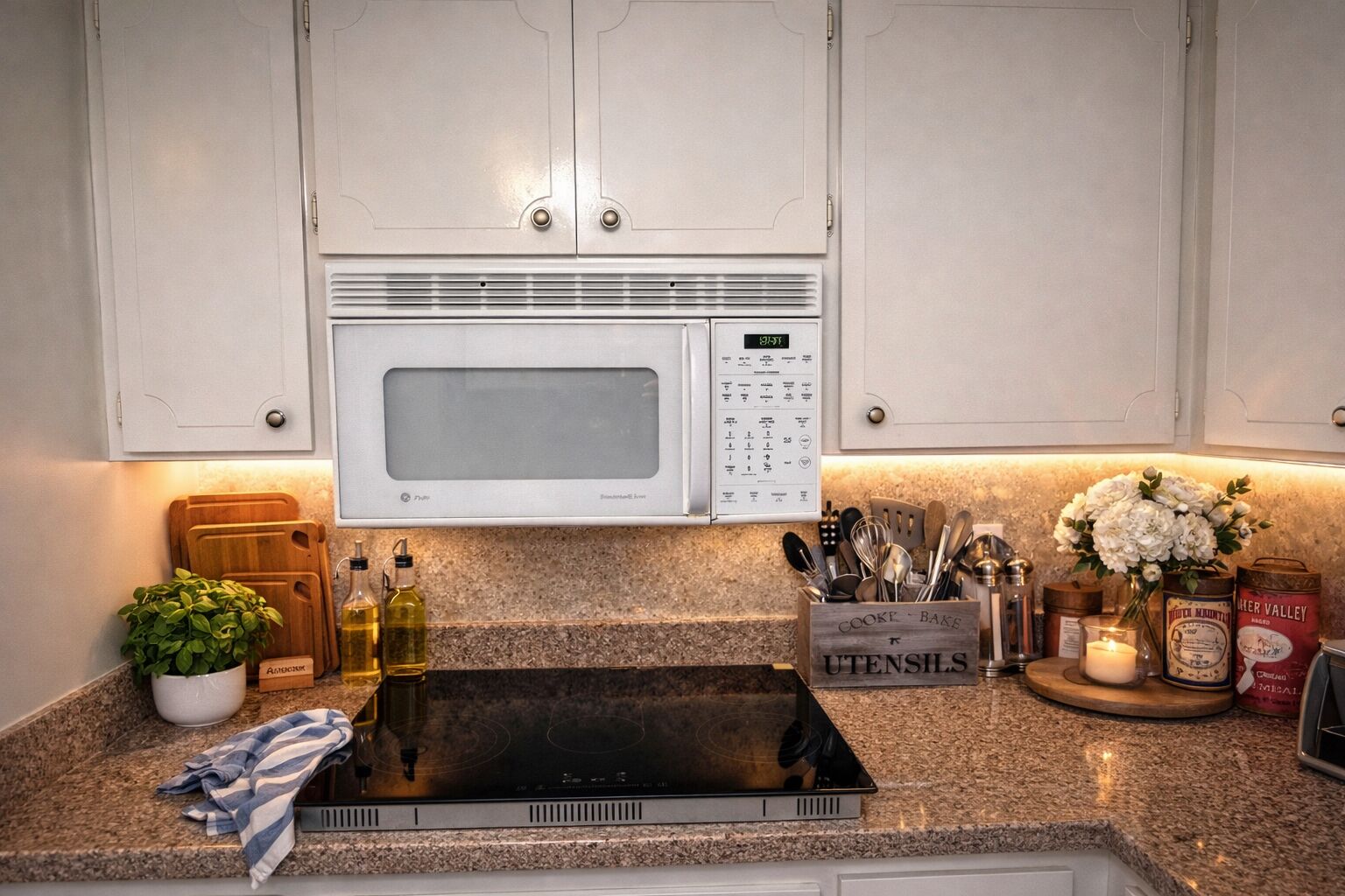 Kühlschrank, Mikrowelle, Herdplatte, Kochgeschirr/Geschirr/Besteck