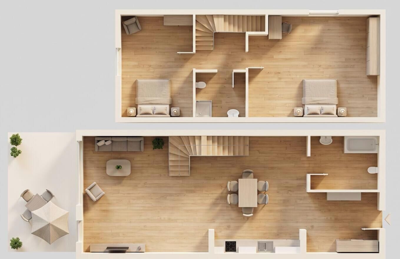 Vista cenital de una habitación de hotel con piso de madera, un sofá, una mesa de comedor y una pequeña cocina.