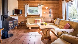 Een gezellig houten interieur met een open haard, een bank, een tafel en een televisie.