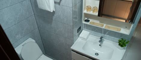 A modern bathroom with a toilet, sink, and mirror.