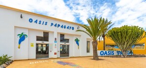 Das Außengelände vom Oasis Papagayo mit Palmen und einem farbenfrohen Bodenmuster.