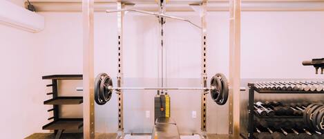 Un gimnasio con una estructura para sentadillas, banca para pesas y mancuernas.