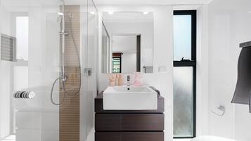 Shower, hair dryer, towels, soap