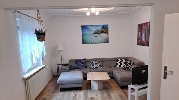 A living room with a sofa, ottoman, coffee table, and a dining area with a table and chairs. There is a radiator, a hanging plant, and artwork on the walls. - Family House (Bibertal)