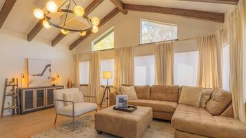 TV connectée, cheminée, livres