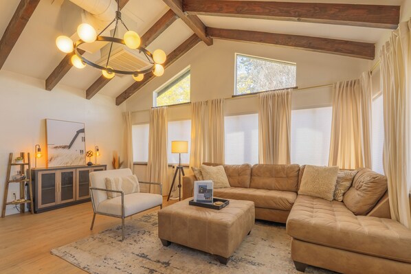 Smart TV, chimenea y libros 