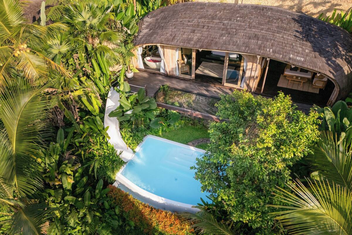 A house with a curved roof, surrounded by lush greenery and a swimming pool.