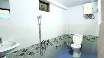 Shower, rainfall showerhead, towels, soap