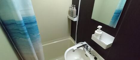 Hair dryer, towels, soap, shampoo