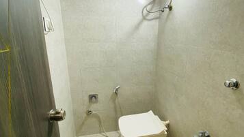 Shower, rainfall showerhead, towels, soap