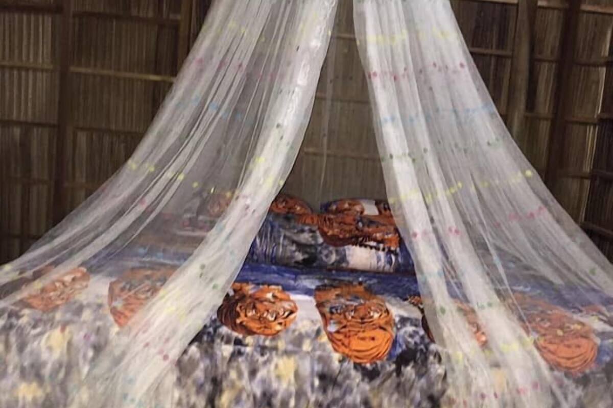 A bed with a canopy and a patterned bedspread.