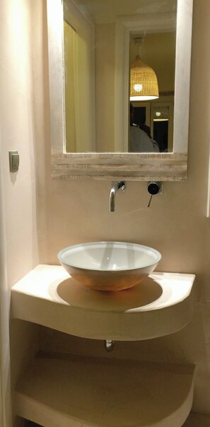 Hair dryer, bidet, towels, soap