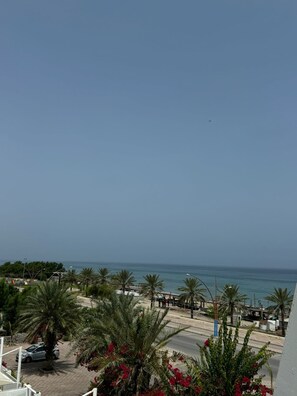A coastal view with a clear sky, palm trees, and a road leading to the beach. - Azaiba Villas (Muscat)